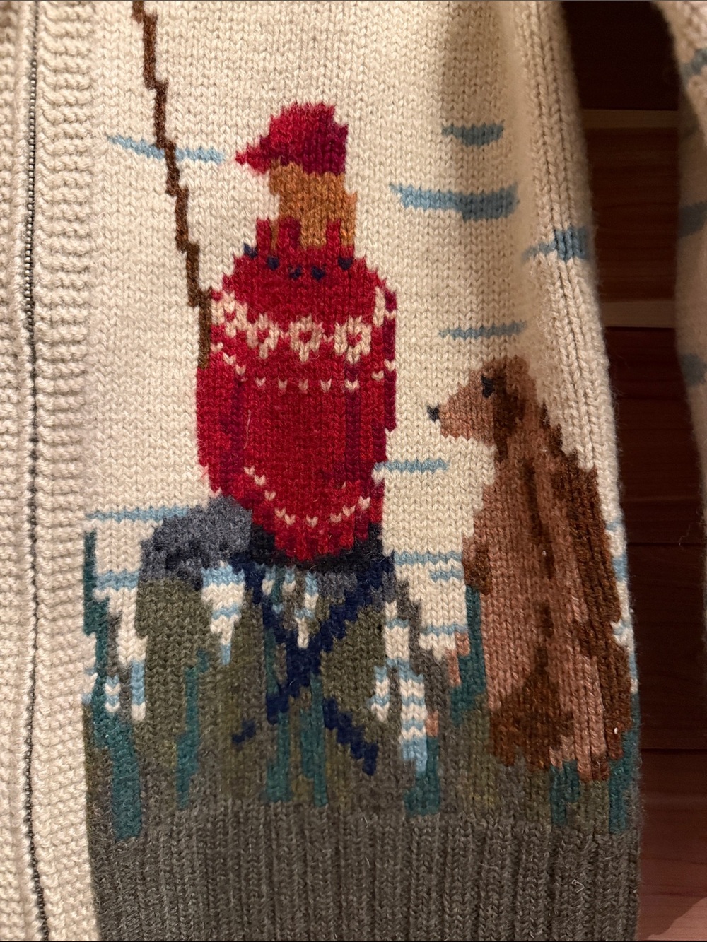 Vintage- Lauren Ralph Lauren Cream Zip-Front Fisherman Sweater with Red Accent - Picture 3 of 9